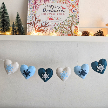 Blue & White Snowflake Hearts Garland - Made of Felt - 120cm long