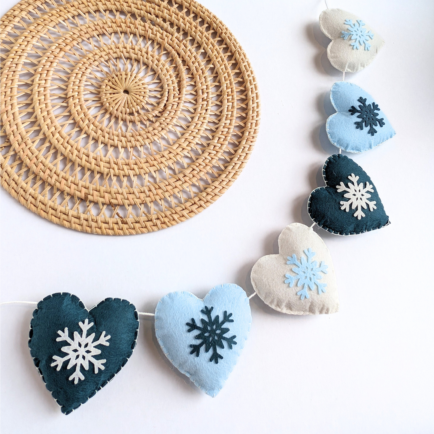 Blue & White Snowflake Hearts Garland - Made of Felt - 120cm long