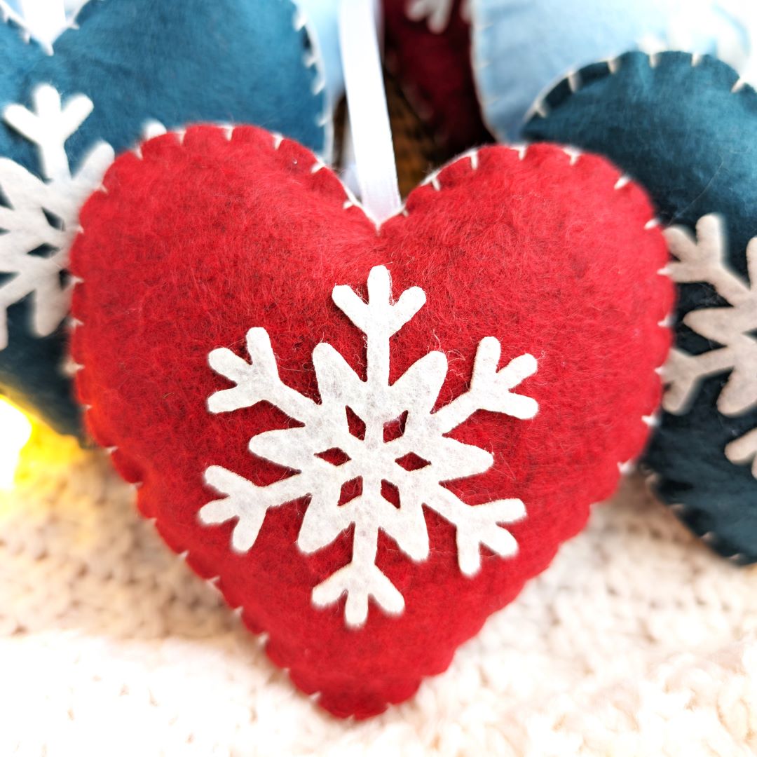 Red & Blue Snowflake Heart Ornaments - Made of Felt - Set of 6