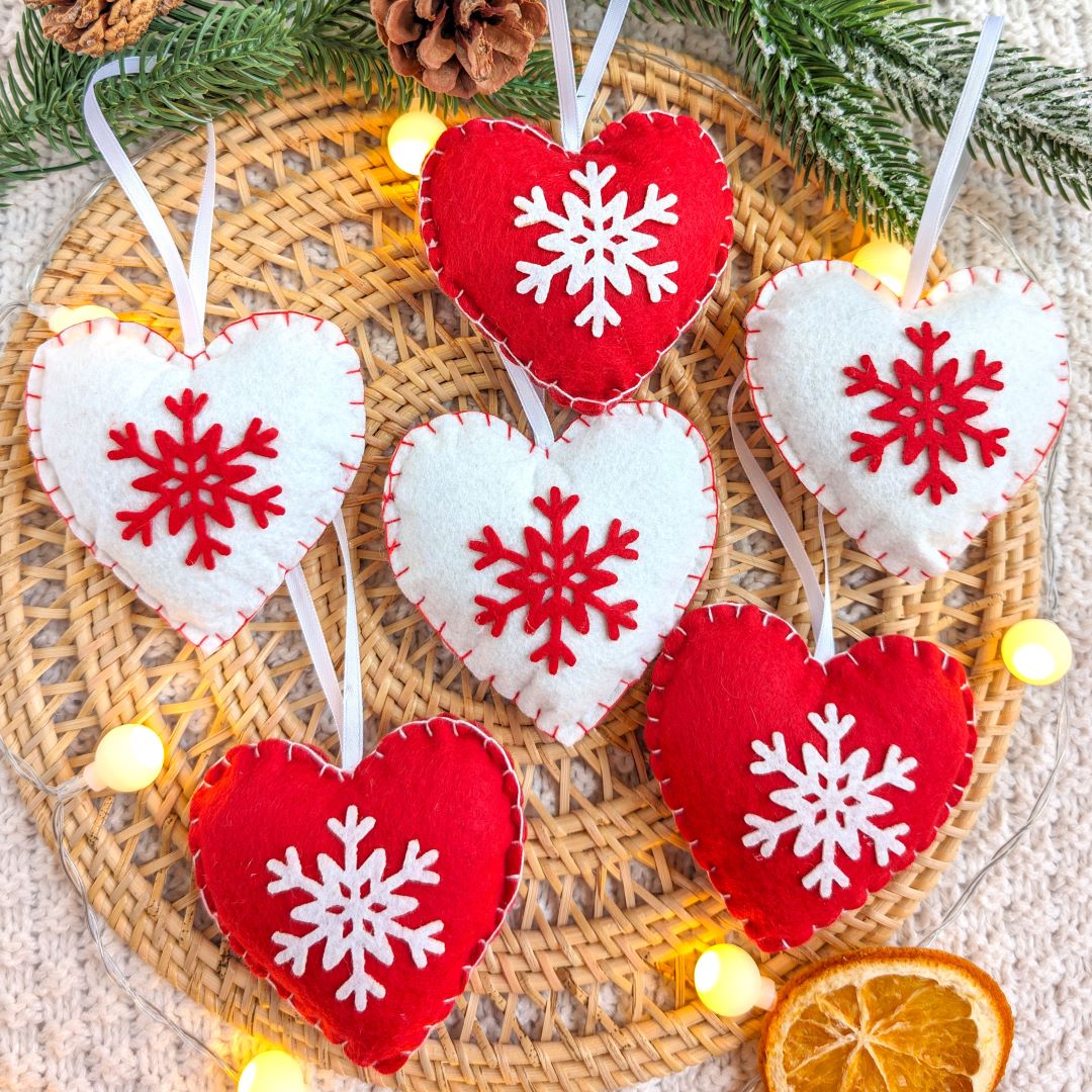 Red & White Snowflake Heart Ornaments - Made of Felt - Set of 6
