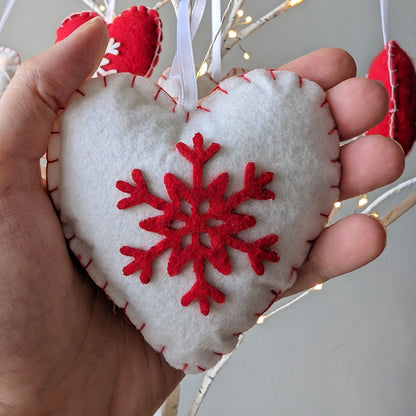 Red & White Snowflake Heart Ornaments - Made of Felt - Set of 6