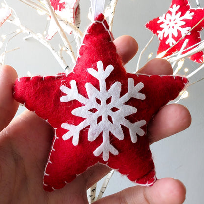 Red & White Snowflake Star Ornaments - Made of Felt - Set of 6