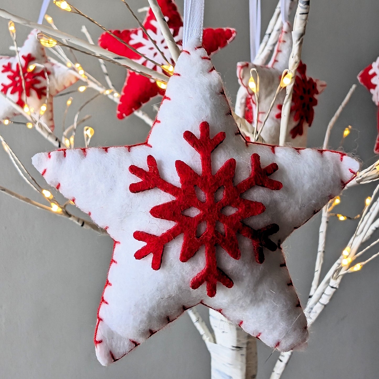 Red & White Snowflake Star Ornaments - Made of Felt - Set of 6