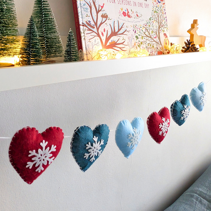 Red & Blue Snowflake Hearts Garland - Made of Felt - 120cm long