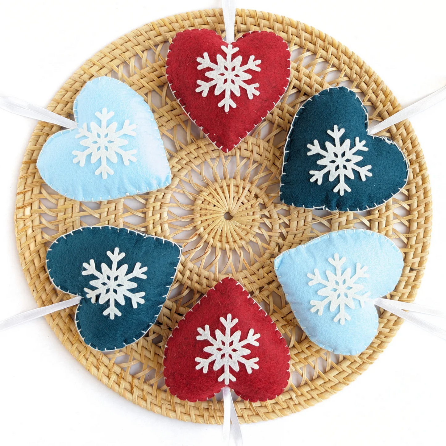 Red & Blue Snowflake Heart Ornaments - Made of Felt - Set of 6